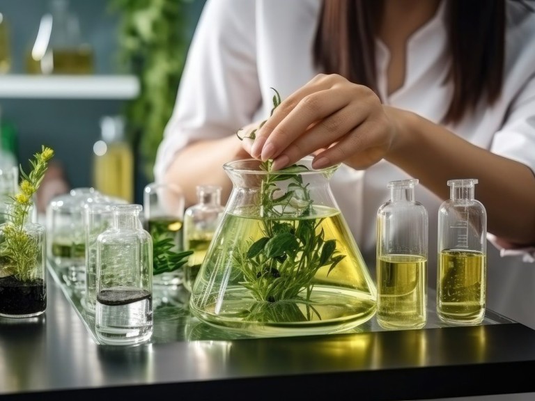 Beauty cosmetics sciences, Formulating and mixing skincare with herbal essence, Scientist pouring organic essential oil, Alternative healthy medicine.